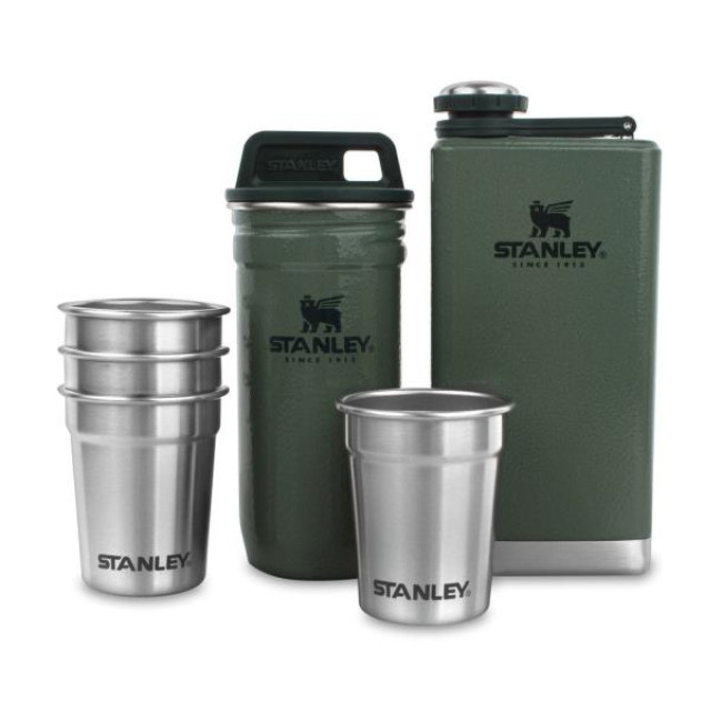 Набор STANLEY фляга + 4 рюмки + стальной кейс с кришкой для рюмок зелёный 10-01883-034