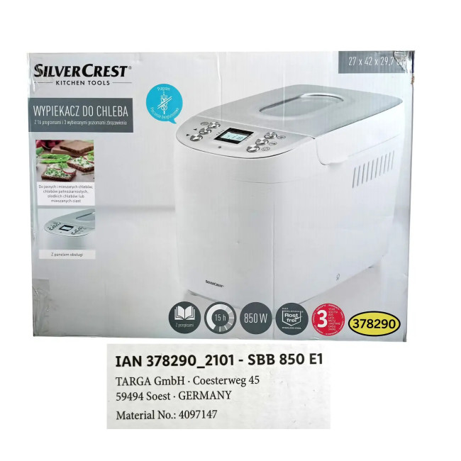 Повністю автоматична хлібопічка SilverCrest SBB 850 E1 (850 Вт, 16 програм, 3 л, ЖК-дисплей, Німеччина)