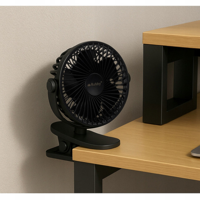 Акумуляторний настільний вентилятор з зажимом Ruhhy 3в1 1200 мАч USB-C 18 x 16 x 13 см Чорний (25567)