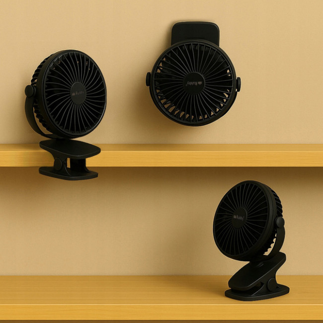 Акумуляторний настільний вентилятор з зажимом Ruhhy 3в1 1200 мАч USB-C 18 x 16 x 13 см Чорний (25567)