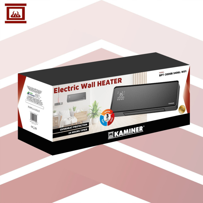 Электрический настенный обогреватель-воздушная завеса KAMINER 26399 Black (2000 Вт, Wi-Fi, стеклянная панель, пульт ДУ, Польша)