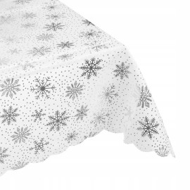 Скатертина різдвяна декоративна, Ruhhy Біла з срібними сніжинками 140 x 220 см (22791)
