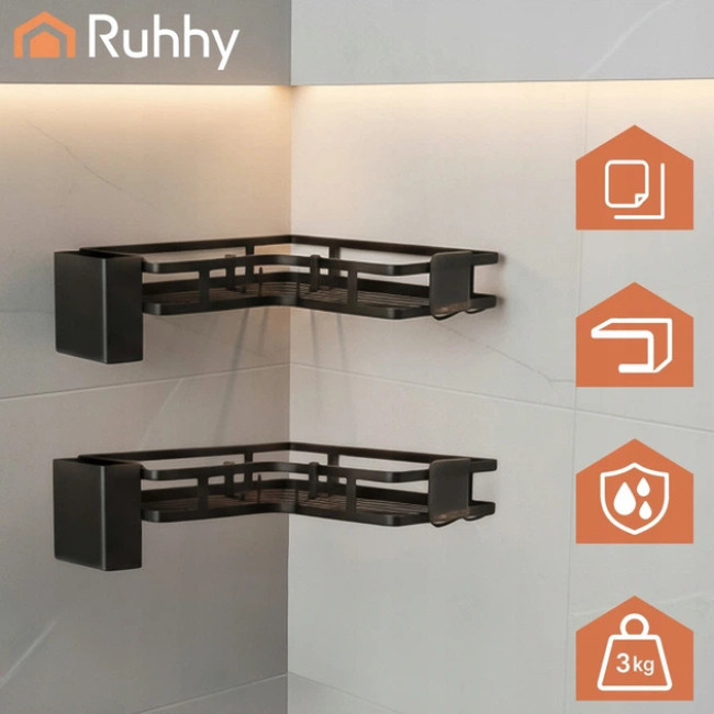 Полиця для ванної кімнати кутова в стилі лофт Ruhhy набір з 2 полиць, монтаж без свердління, Чорна