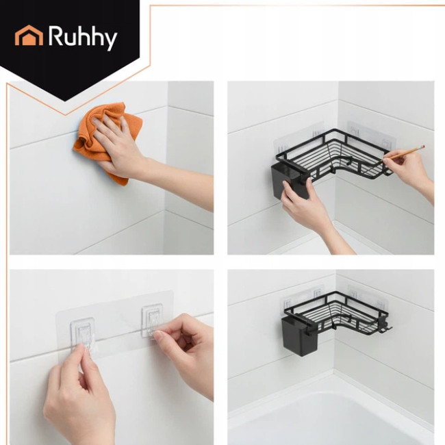 Полиця для ванної кімнати кутова в стилі лофт Ruhhy набір з 2 полиць, монтаж без свердління, Чорна