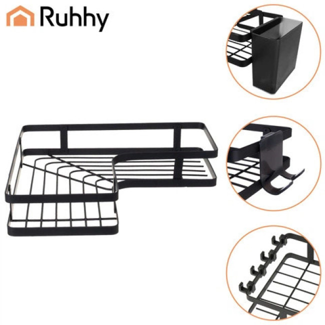 Полиця для ванної кімнати кутова в стилі лофт Ruhhy набір з 2 полиць, монтаж без свердління, Чорна