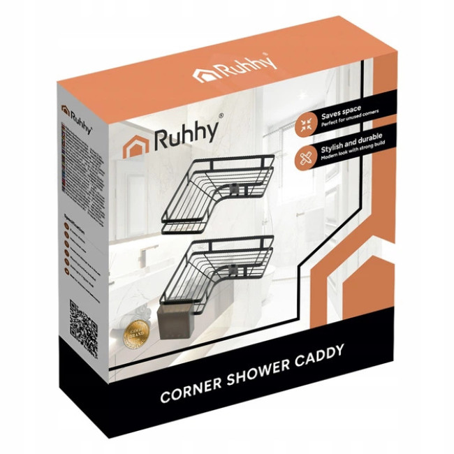 Полиця для ванної кімнати кутова в стилі лофт Ruhhy набір з 2 полиць, монтаж без свердління, Чорна