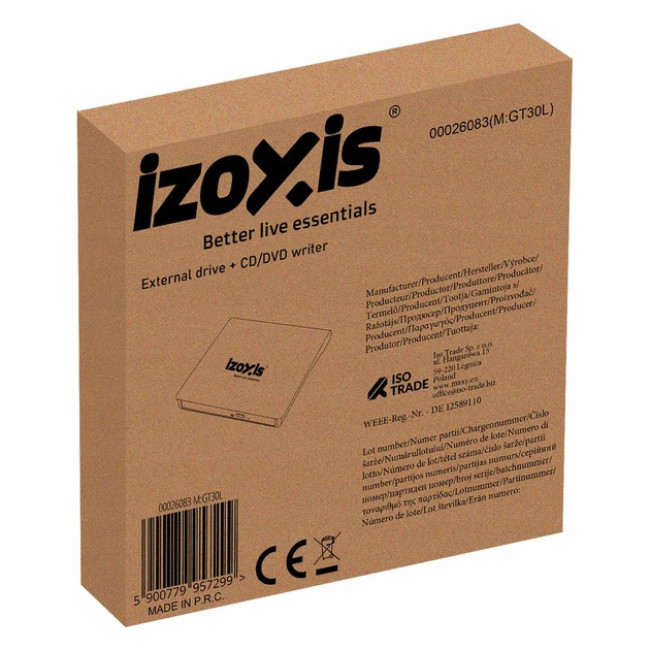 Внешний портативный привод Izoxis USB 3.0 записывающий DVD±R/RW, CD-RW (26083)