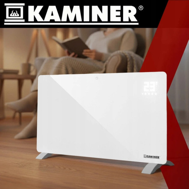 Скляний електричний обігрівач Kaminer Zelva 2500 Вт з управлінням через WiFi та пультом Білий (26573)