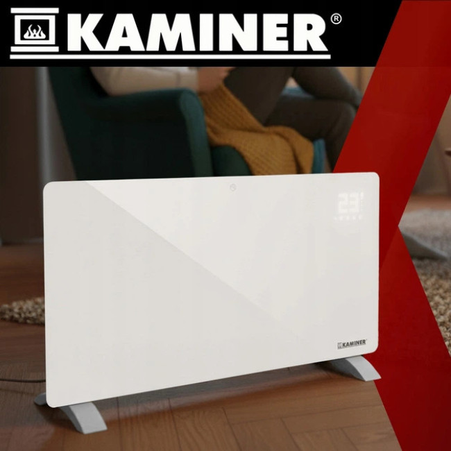 Скляний електричний обігрівач Kaminer Zelva 2500 Вт з управлінням через WiFi та пультом Білий (26573)