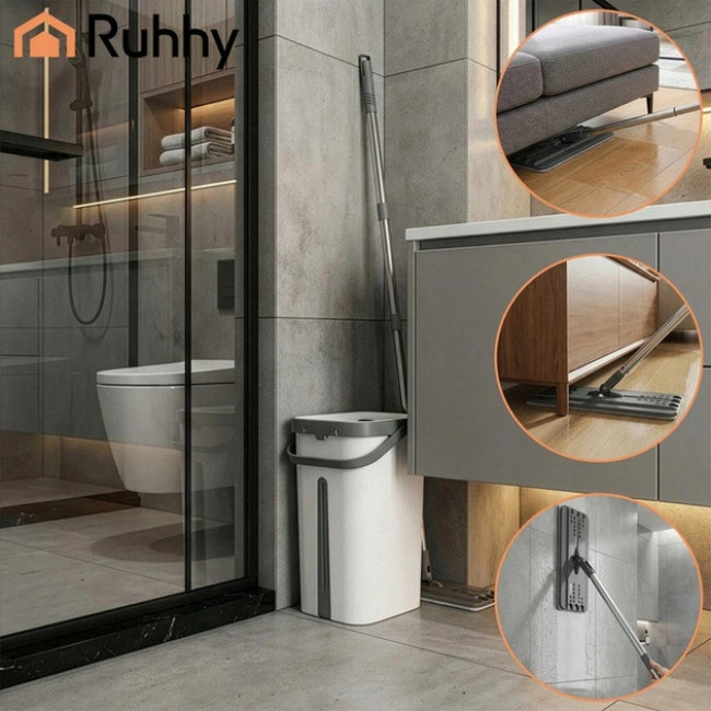 Набір для прибирання Ruhhy плоска швабра з віджимом і двокамерним відром 11 л, 3 насадки в комплекті (27232)