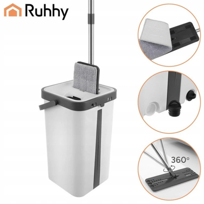 Набор для уборки Ruhhy плоская швабра с отжимом и двухкамерным ведром 11 л, 3 насадки в комплекте (27232)