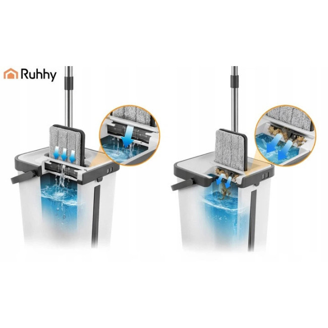 Набір для прибирання Ruhhy плоска швабра з віджимом і двокамерним відром 11 л, 3 насадки в комплекті (27232)