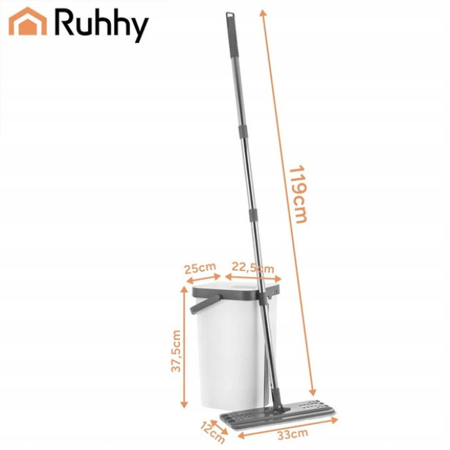 Набор для уборки Ruhhy плоская швабра с отжимом и двухкамерным ведром 11 л, 3 насадки в комплекте (27232)
