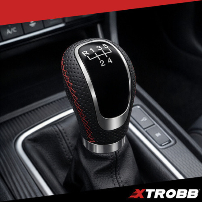 Ручка переключения передач универсальная Xtrobb механическая 5/6 передач, кожаная с красной прострочкой (27416)