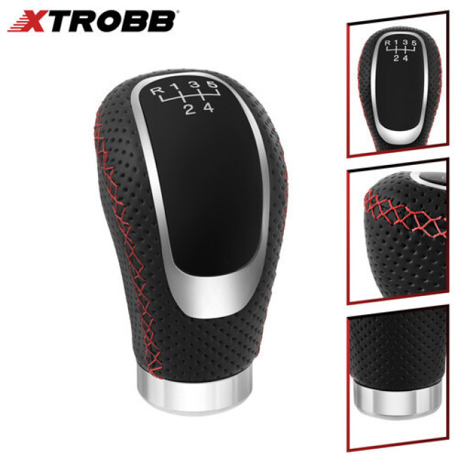 Ручка переключения передач универсальная Xtrobb механическая 5/6 передач, кожаная с красной прострочкой (27416)