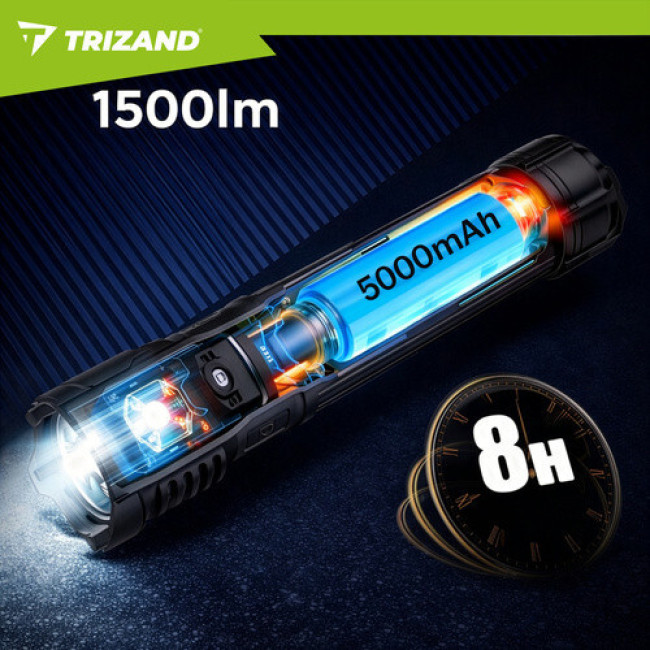 Фонарь м 1500 lm, аккумулятор 5000 mAh, USB-C, зум, водостойкий, с функцией Power Bank. Trizand 26949