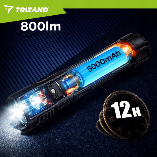 Светодиодный фонарь, водонепроницаемый Trizand 26950 800 лм, USB-C, zoom, 5000 мАч