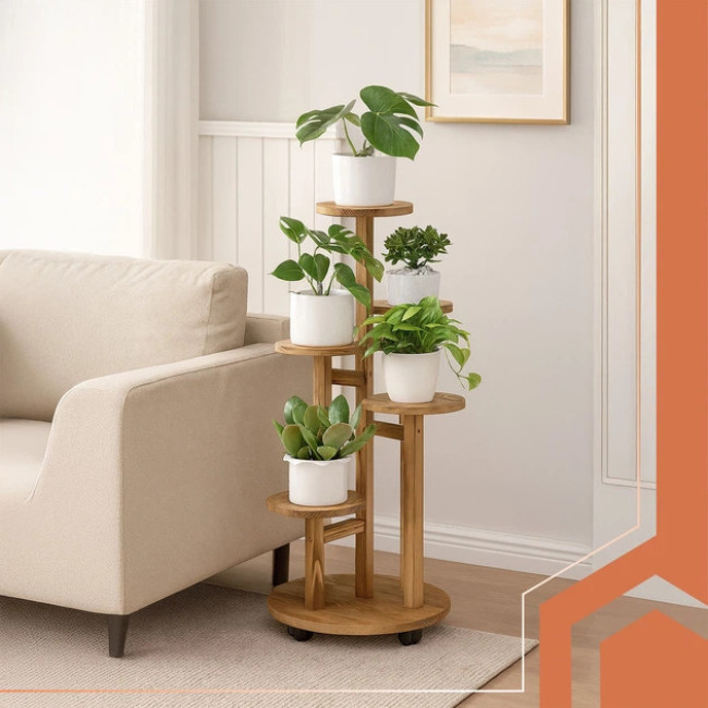 Підставка для квітів в горщиках Ruhhy 6 рівнів, висота 86 см, натуральна сосна, колеса з фіксаторами (26041)