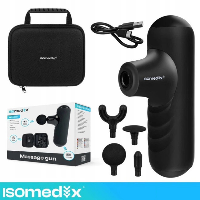 Массажер перкуссионный мышечный Isomedix Mini Gun аккумуляторный 4 насадки 5 режимов + защитный кейс (27311)