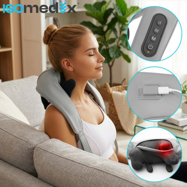 Массажер для шеи Shiatsu беспроводной с подогревом, 22.2W, USB-C, автоотключение, черный. Isomedix 27467