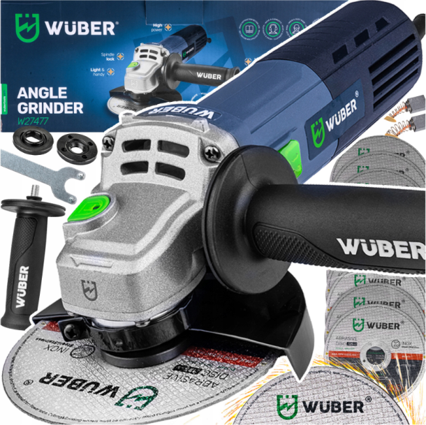 Болгарка (углова шліфмашина) Wuber 1600Вт 125мм + набір 10 дисків 125мм (Польща)