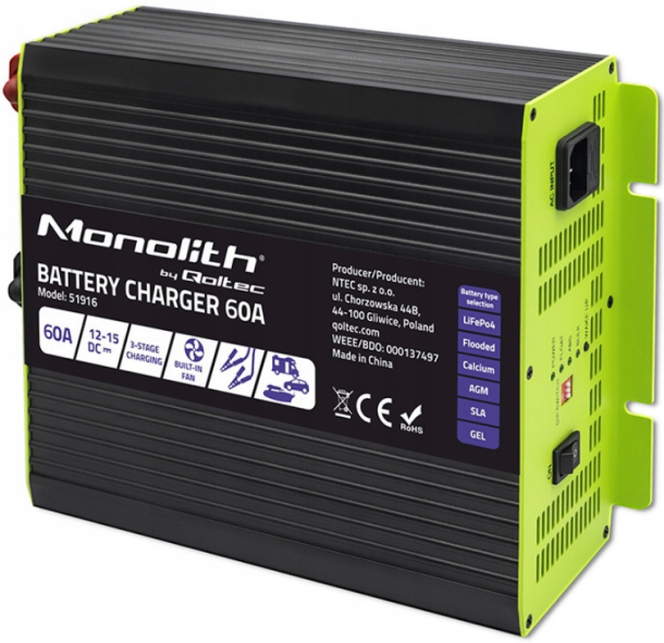 Зарядное устройство для аккумуляторов LiFePO4 AGM GEL SLA 60A 12V Qoltec (Польша)