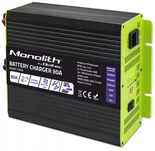 Зарядное устройство для аккумуляторов LiFePO4 AGM GEL SLA 80A 12V Qoltec (Польша)