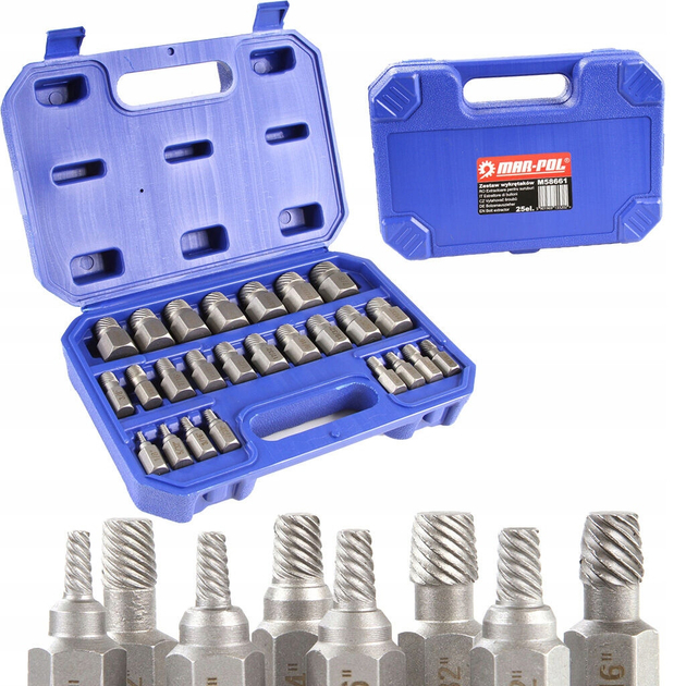 Набор экстракторов для выкручивания сломанных винтов Mar-Pol 25 экстракторов размеров от 1/8