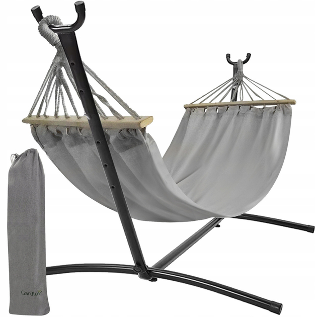 Гамак двухместный с каркасом Gardlov XXL тканевый с перекладинами до 250 кг 200 x 150 см Cерый (2546
