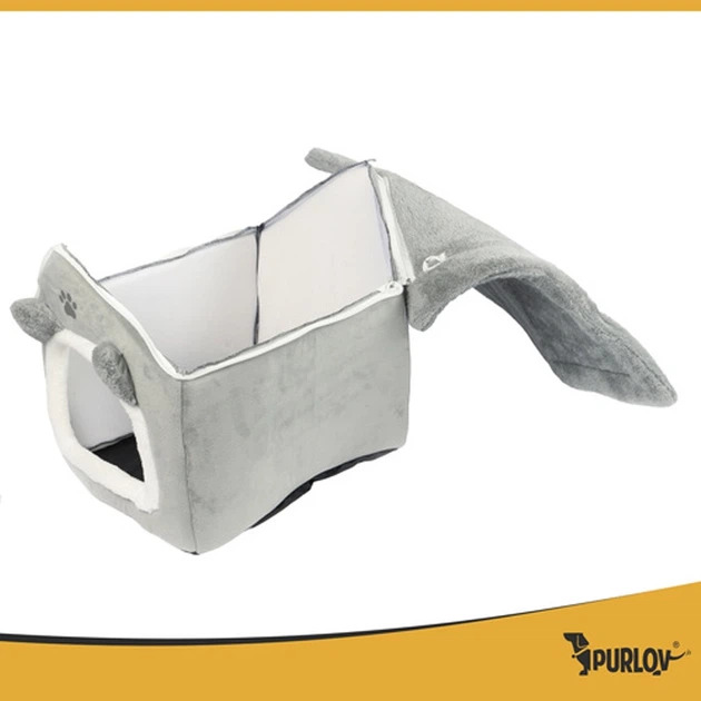 Лежанка домик для кошки Purlov 25706 мягкая плюшевая кровать с подушкой и съемной крышей на молнии Серый