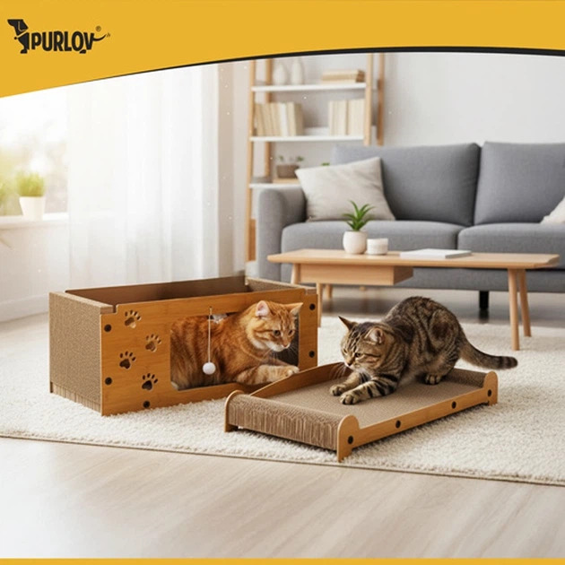 Когтеточка лежанка и домик для кошек Purlov 27016 двухэтажный игровой комплекс с подвесными игрушками