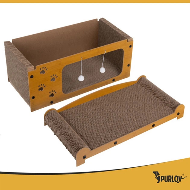 Когтеточка лежанка и домик для кошек Purlov 27016 двухэтажный игровой комплекс с подвесными игрушками