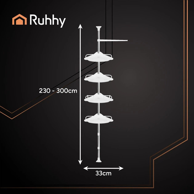 Полка для ванной комнаты угловая Ruhhy 4 уровня, телескопическая 230 - 300 см Белый (26639)