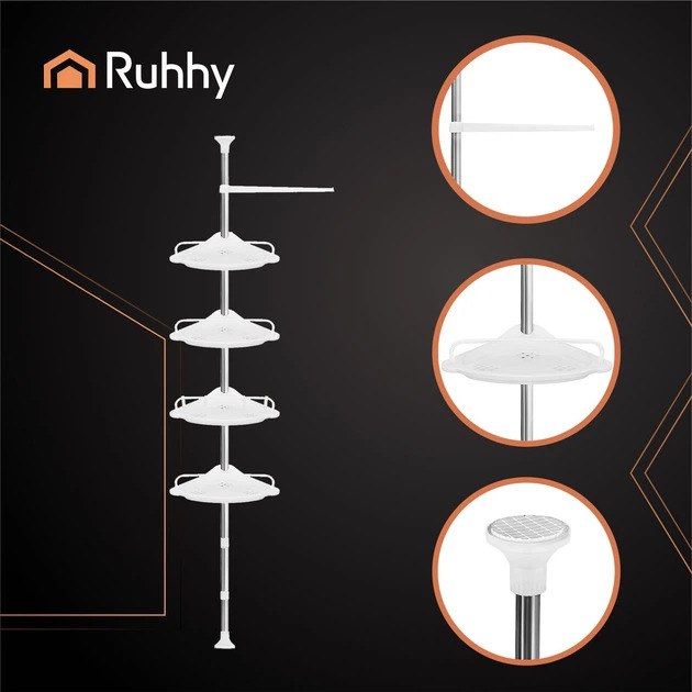 Полка для ванной комнаты угловая Ruhhy 4 уровня, телескопическая 230 - 300 см Белый (26639)